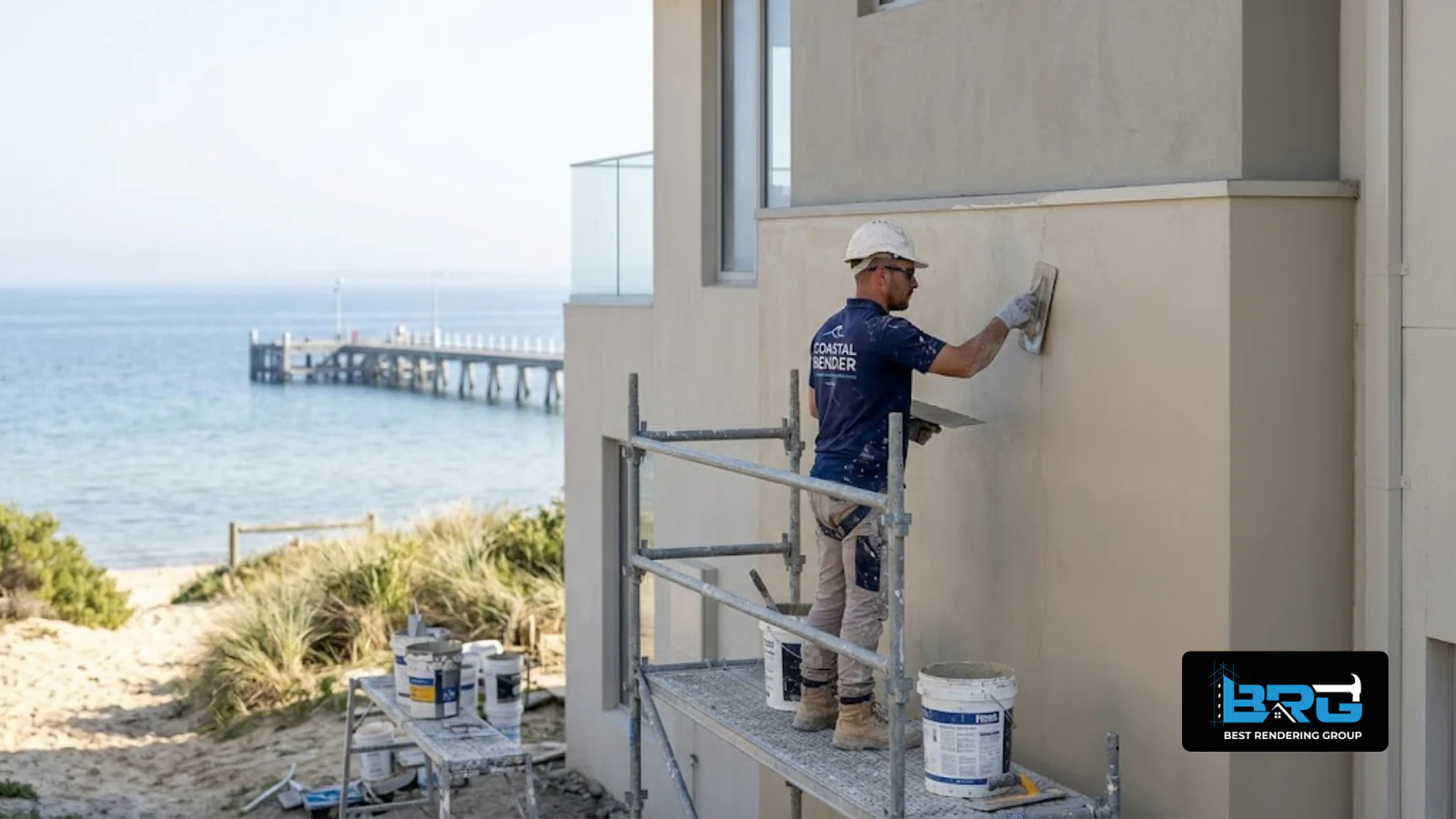 A tradesperson applying a smooth, weather-resistant acrylic render finish to the exterior wall of a home near the Frankston foreshore, Melbourne, bay visible in the soft background, daytime coastal light.