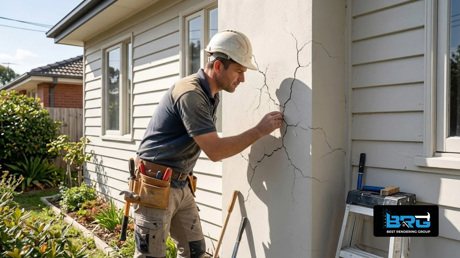 A tradesperson closely examining a cracked section of render on the exterior wall of an established weatherboard home in Dandenong North, Melbourne, hand tools in a work belt.