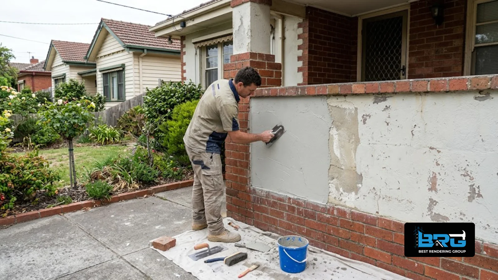 A tradesperson carefully blending a newly repaired render patch into the surrounding wall on an older home in Hampton Park, Melbourne, following water damage repair, tools and a small bucket of render mix nearby.