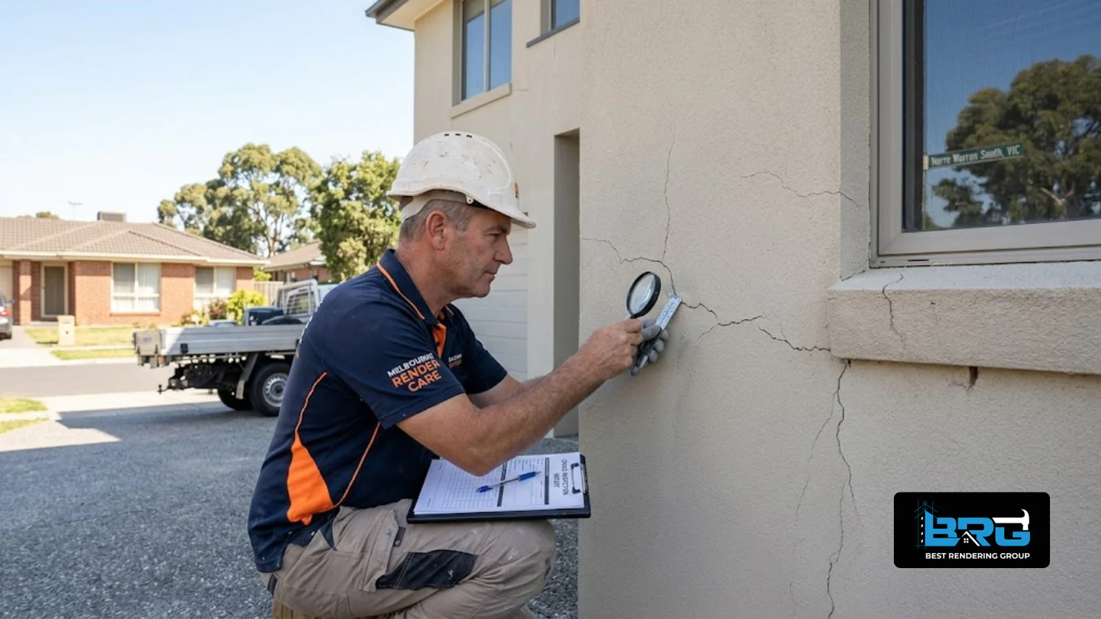 A tradesperson closely inspecting a section of exterior render showing early hairline cracking on a family home in Narre Warren South, Melbourne, clipboard or phone in hand for notes.