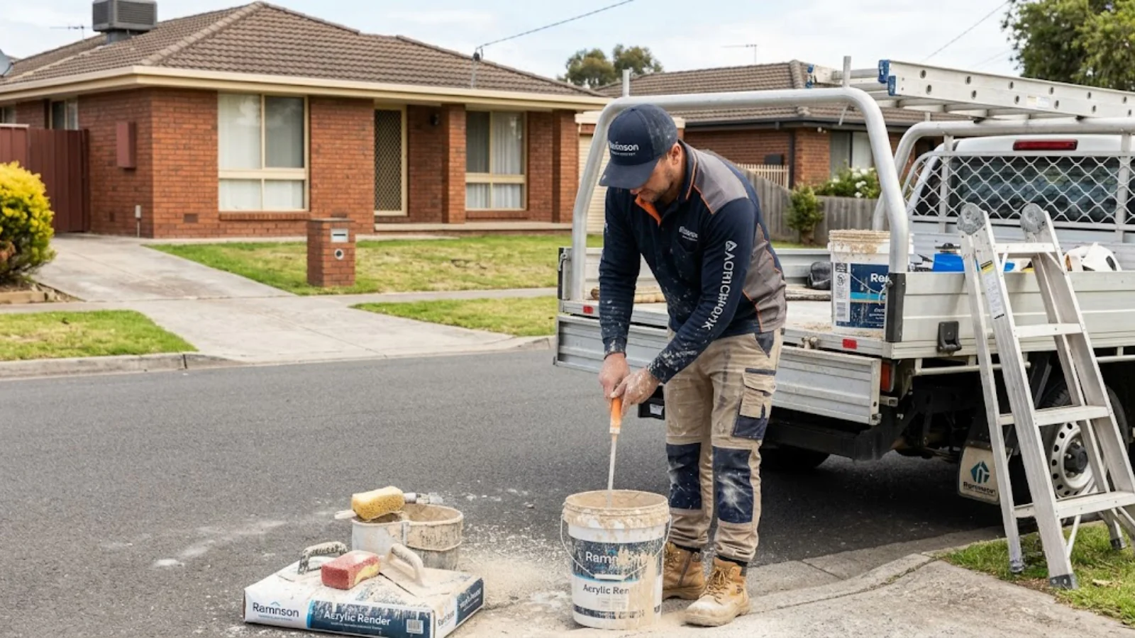 A tradesperson mixing acrylic render beside a work ute on a suburban street in Melbourne's south-east.