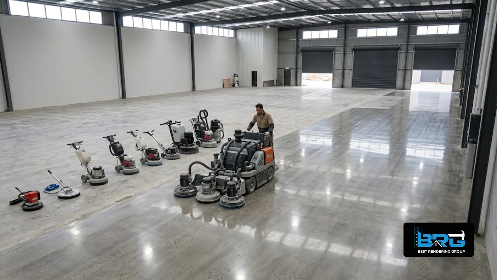 A tradesperson operating a concrete polishing machine on a large warehouse floor in an industrial unit in Dandenong, Melbourne.