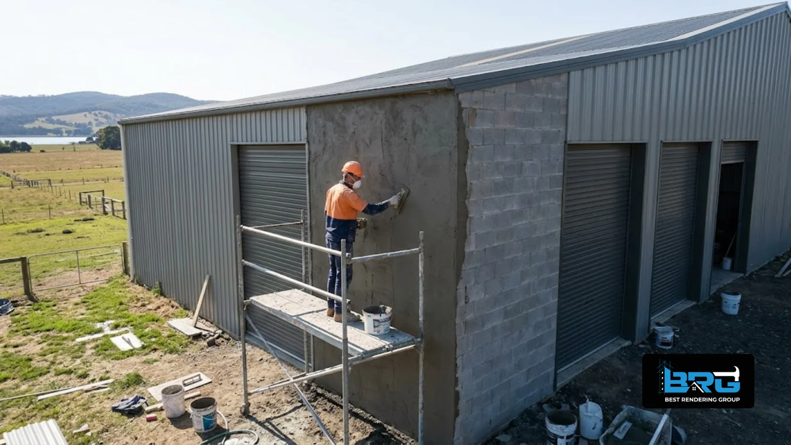 A tradesperson applying render to the exterior of a large shed on a hobby-farm style property near Cardinia Reservoir Park, Melbourne, open rural land and distant hills visible.