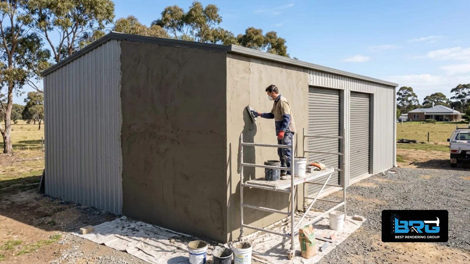 A tradesperson applying cement render to the exterior wall of a large shed on an acreage-style property in Langwarrin, Melbourne, open rural land visible in the background.