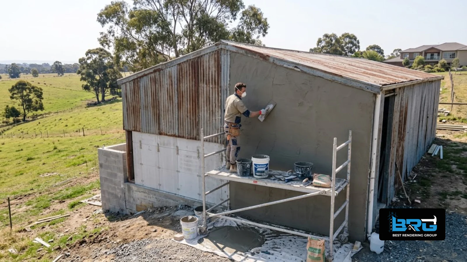 A tradesperson applying render to a large shed on a hillside acreage property in Narre Warren North, Melbourne, rolling green paddocks in the background.