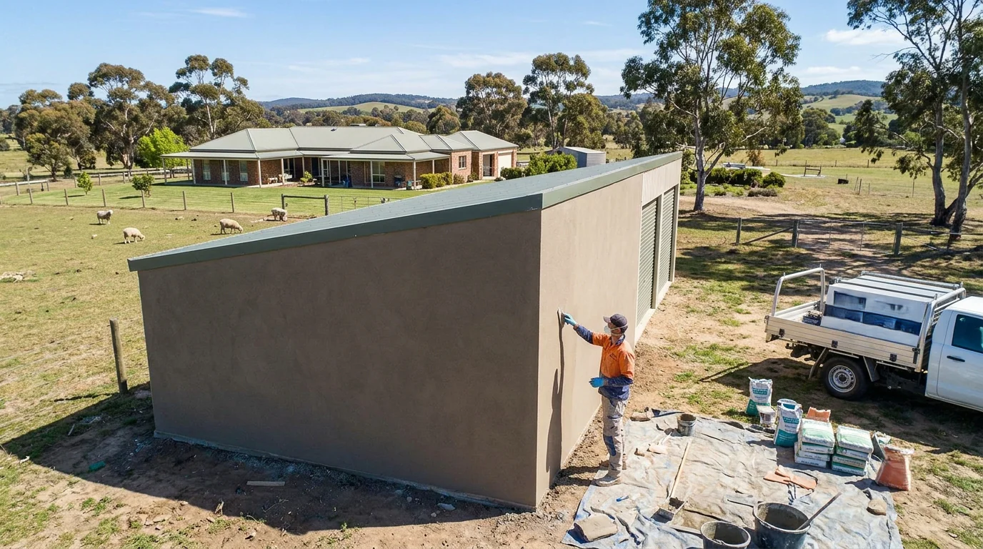 A tradesperson applying render to a shed on a larger semi-rural property in Baxter, Melbourne, open green land in the background.