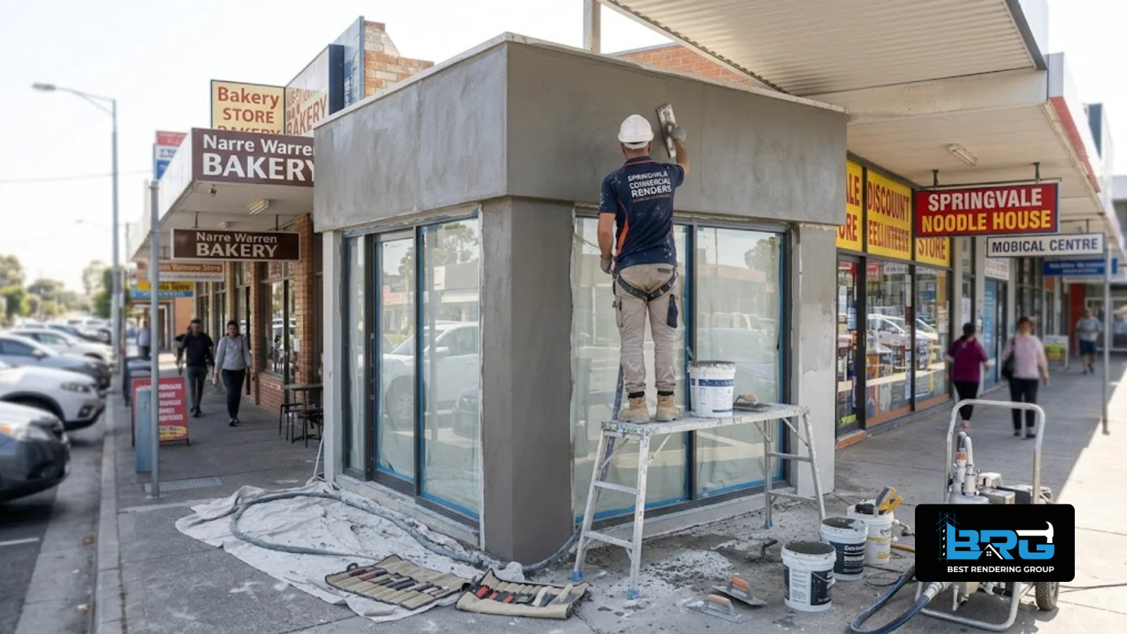 A tradesperson applying render to the facade of a small retail shopfront along a busy commercial strip in Springvale, Melbourne, other shops visible along the street.