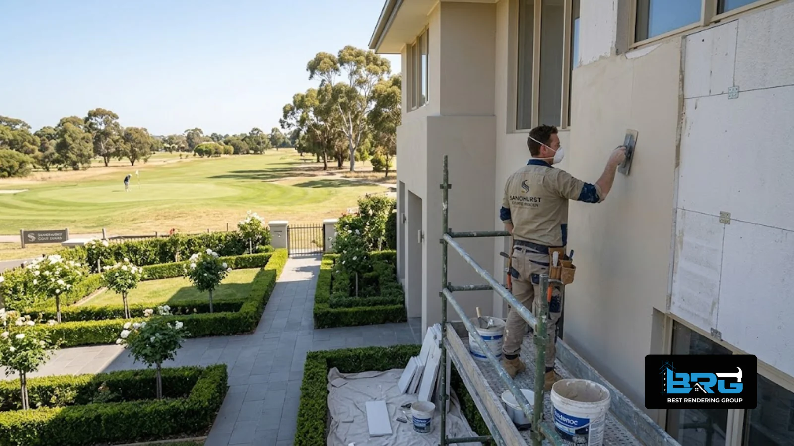 A tradesperson applying acrylic render to the exterior wall of a well-appointed estate home near Sandhurst Golf Links, Melbourne, manicured garden and golf course visible in the background.