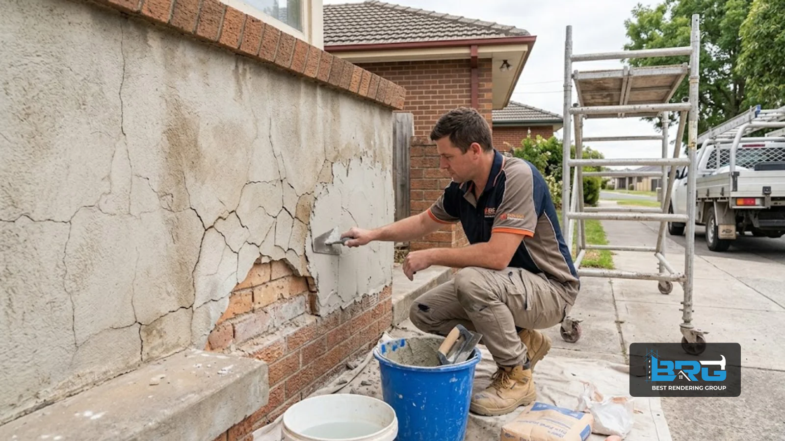 A tradesperson using a trowel to repair a cracked and blown section of cement render on the exterior wall of an older established brick home in Pakenham, Melbourne, tools and a bucket of render mix nearby.