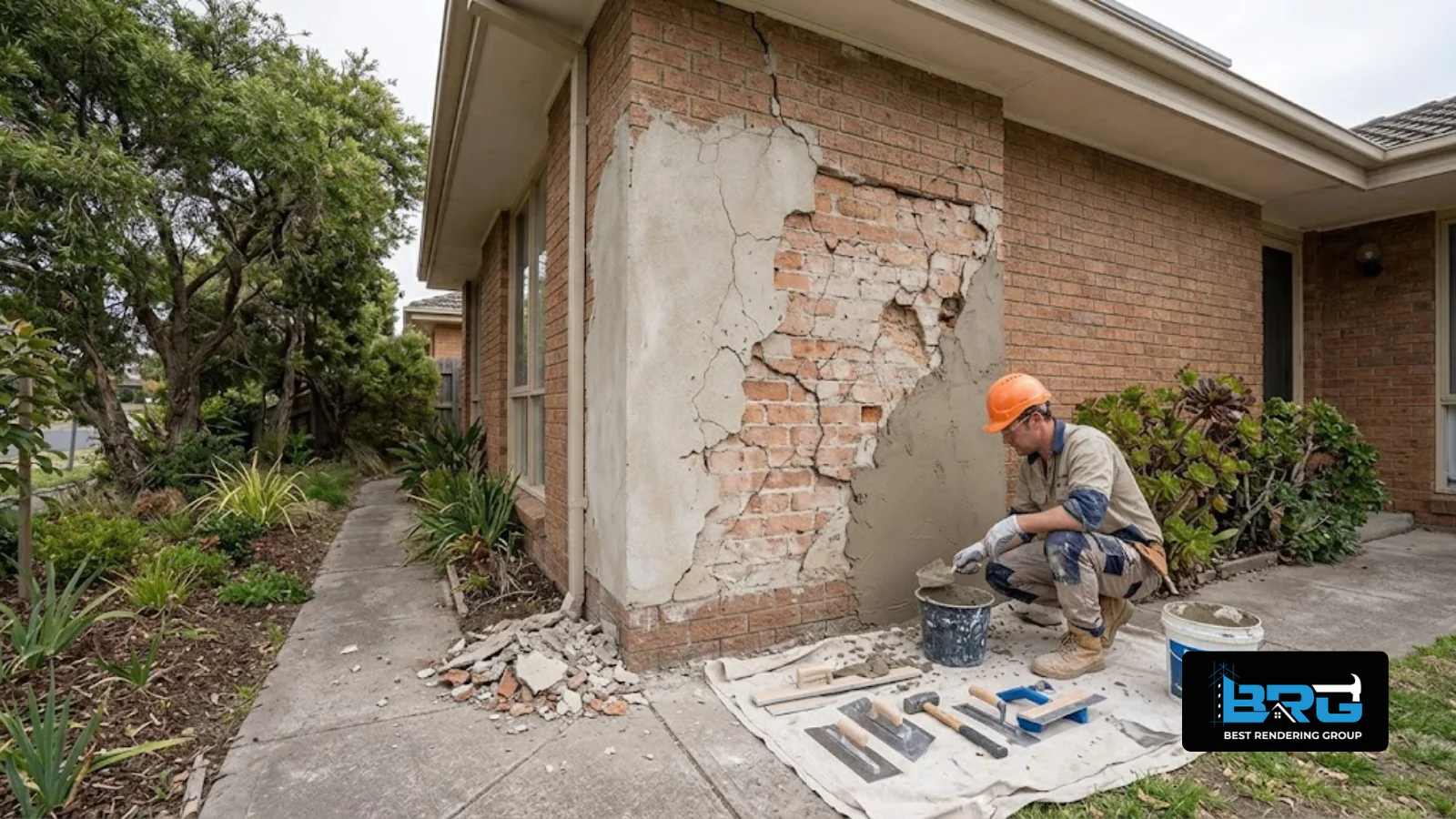A tradesperson repairing a cracked section of exterior render on an older established brick home in Doveton, Melbourne, hand tools and a small bucket of render mix nearby, overcast daylight.
