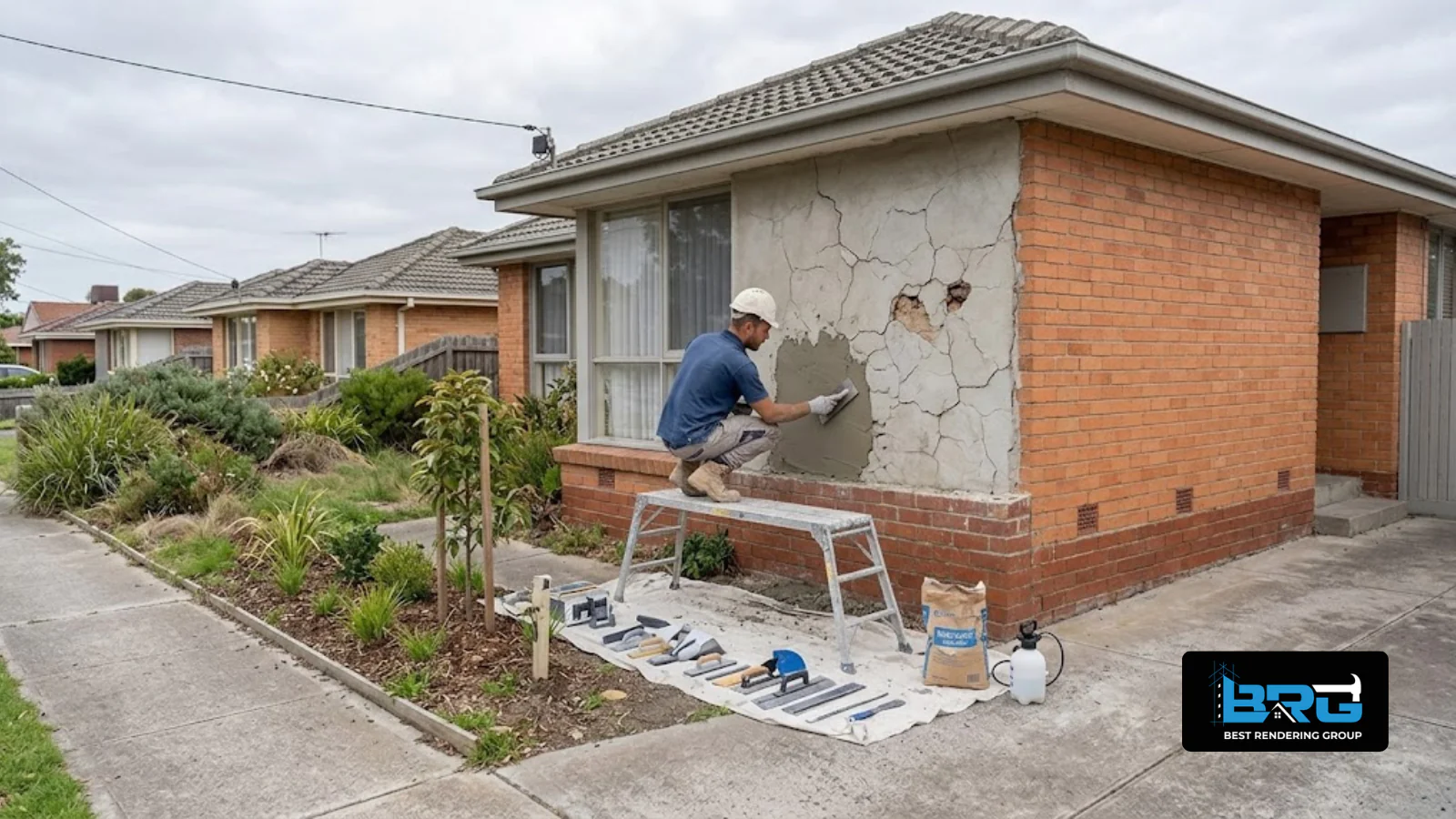 A tradesperson repairing a cracked and aged section of cement render on a post-war brick home in Frankston North, Melbourne, ladder and hand tools nearby, overcast daylight.