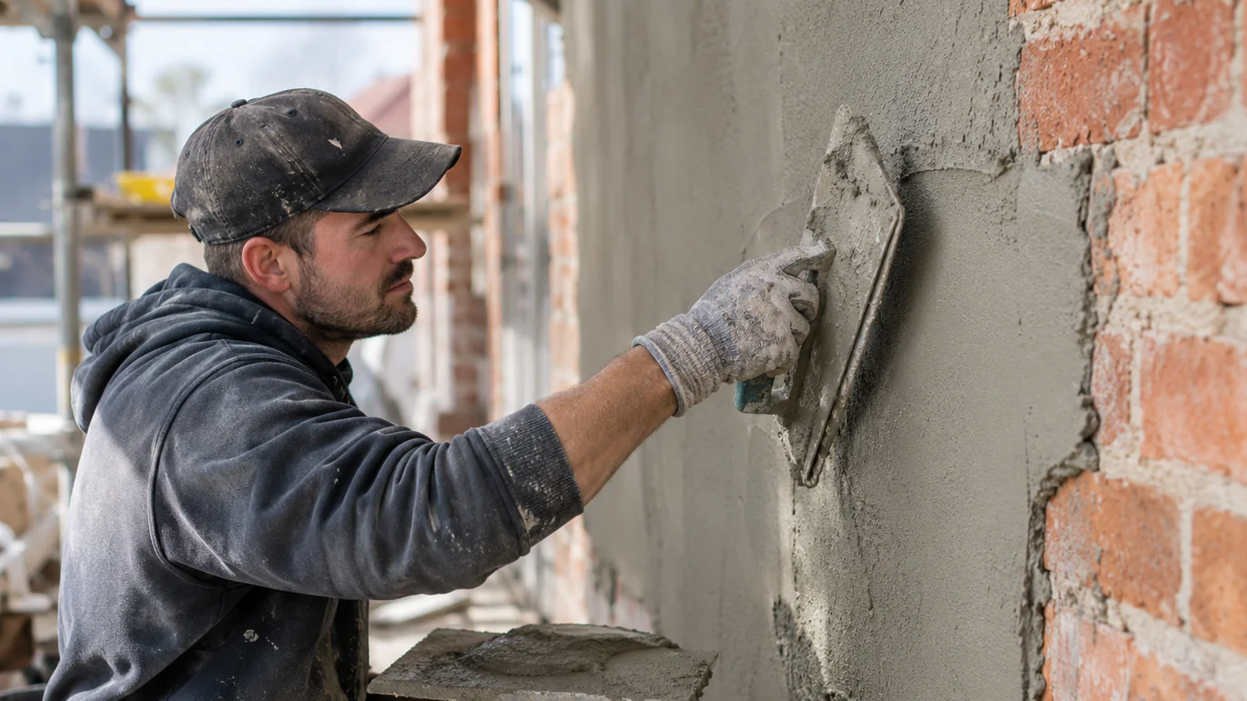 Tradesperson troweling cement render onto a brick wall on a Melbourne construction site