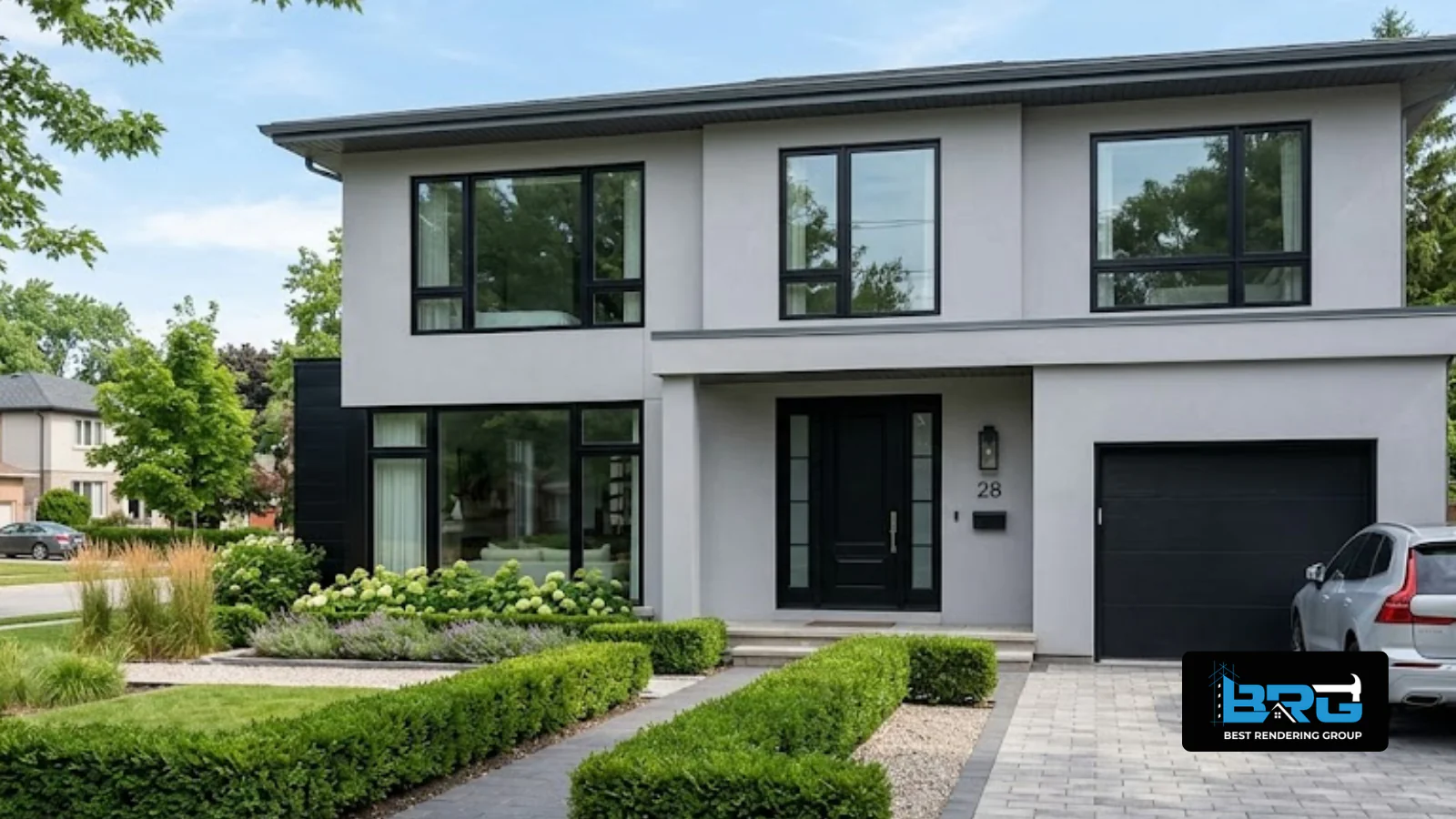 Two-storey home rendered in soft grey with black window frames and a landscaped front garden