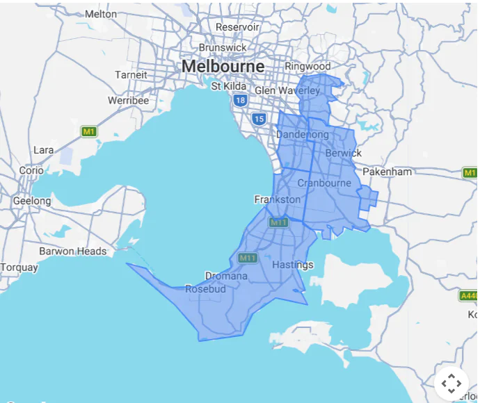 A clean, modern map graphic of Melbourne's south-eastern suburbs, highlighting Cranbourne, Pakenham, Berwick, Frankston and Dandenong.
