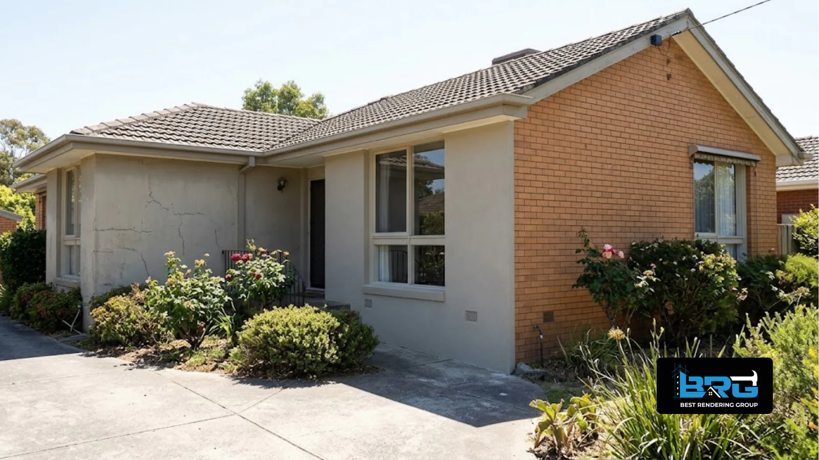 An established single-storey brick home in Berwick, Melbourne, with a section of freshly rendered exterior wall seamlessly colour-matched to the older surrounding render, established garden in the foreground.