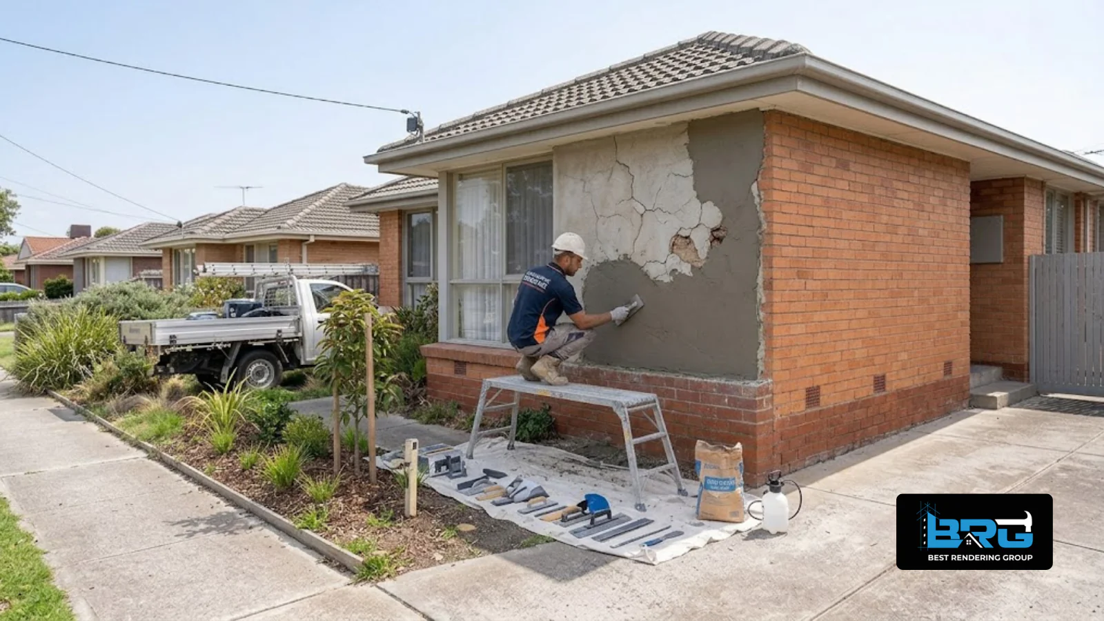 An established brick home in a quiet residential street in Springvale, Melbourne, shown mid-repair with a section of fresh render applied over an older cracked area, ladder and tools nearby.