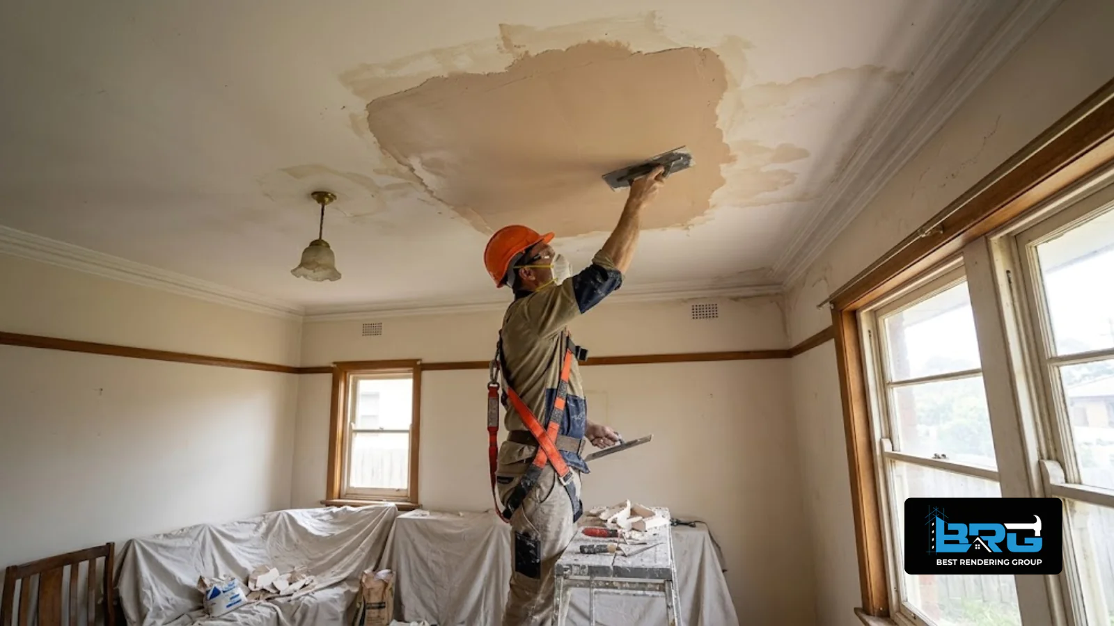 A plasterer smoothing a freshly repaired patch of ceiling plaster following a previous water leak, inside an older home in Hampton Park, Melbourne.