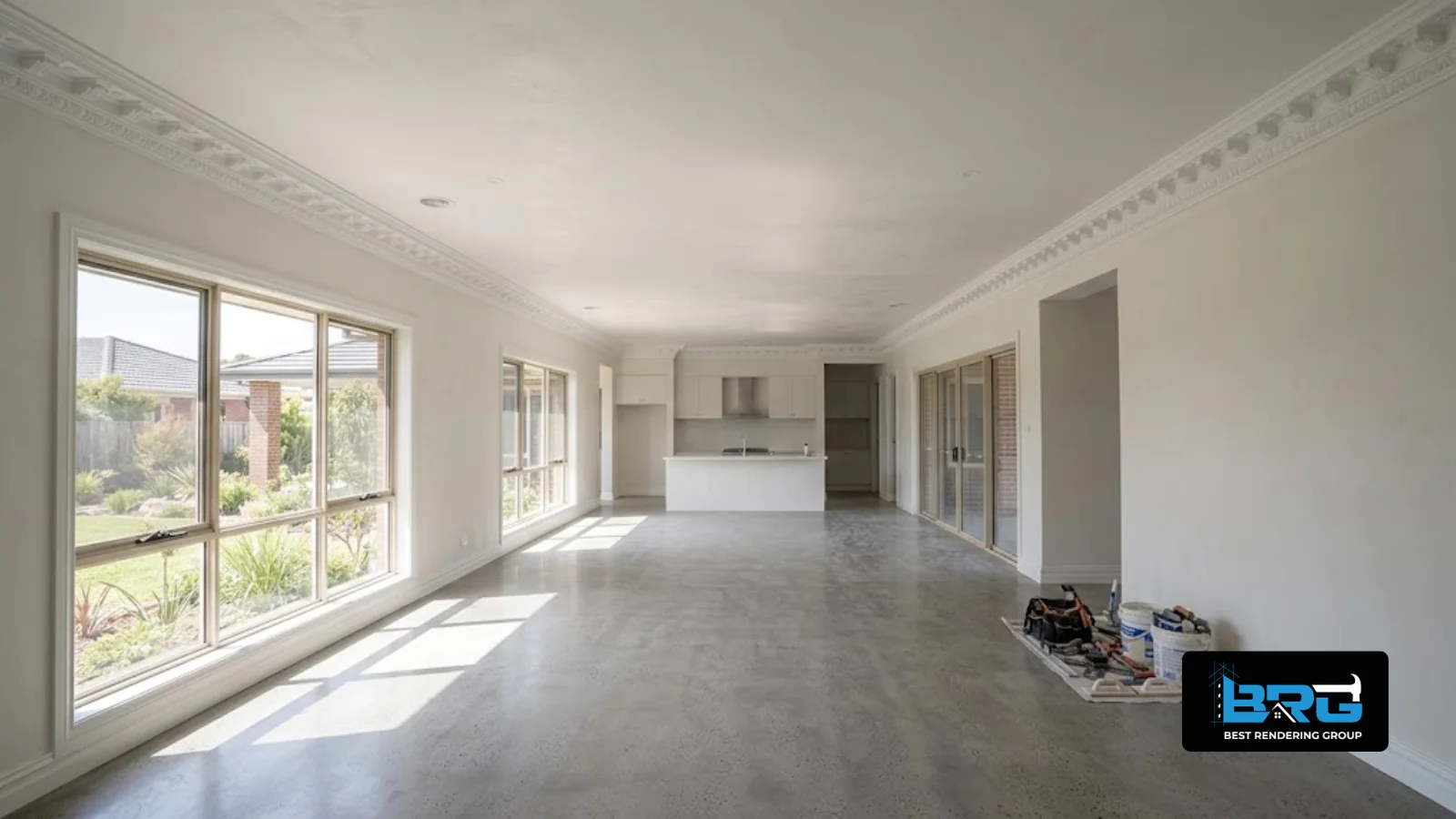 A freshly plastered living area interior with new cornice detailing along the ceiling in a home in Carrum Downs, Melbourne, natural light, spacious open-plan layout.