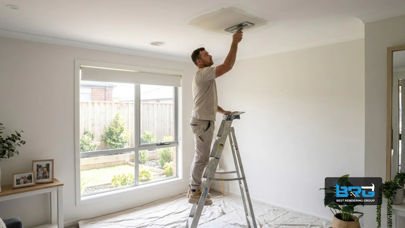 A plasterer using a trowel to smooth a freshly patched section of ceiling inside a renovated home, drop sheets on the floor, natural light coming through a nearby window, realistic photographic interior scene.