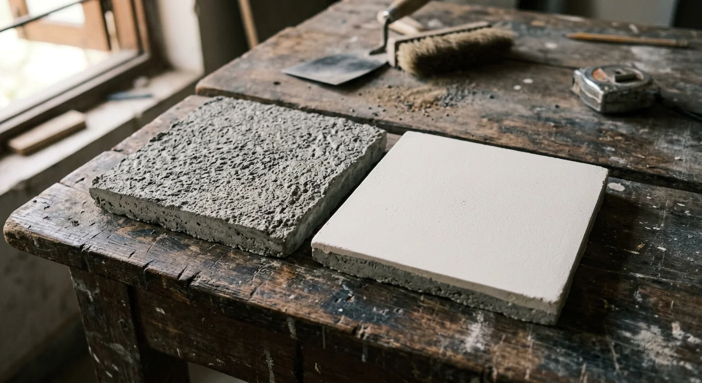 Close-up comparison of a cement render sample next to an acrylic render sample