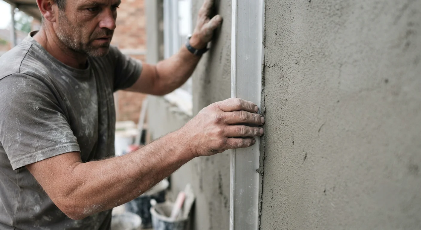 Close-up of a tradesperson checking a freshly rendered wall surface for consistency