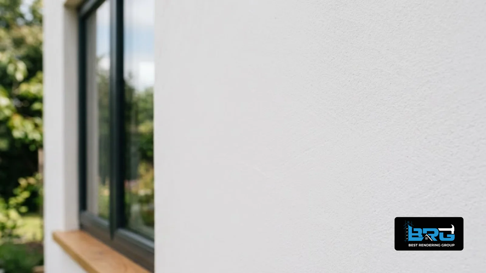 Close-up texture of a smooth white rendered exterior wall on a contemporary house