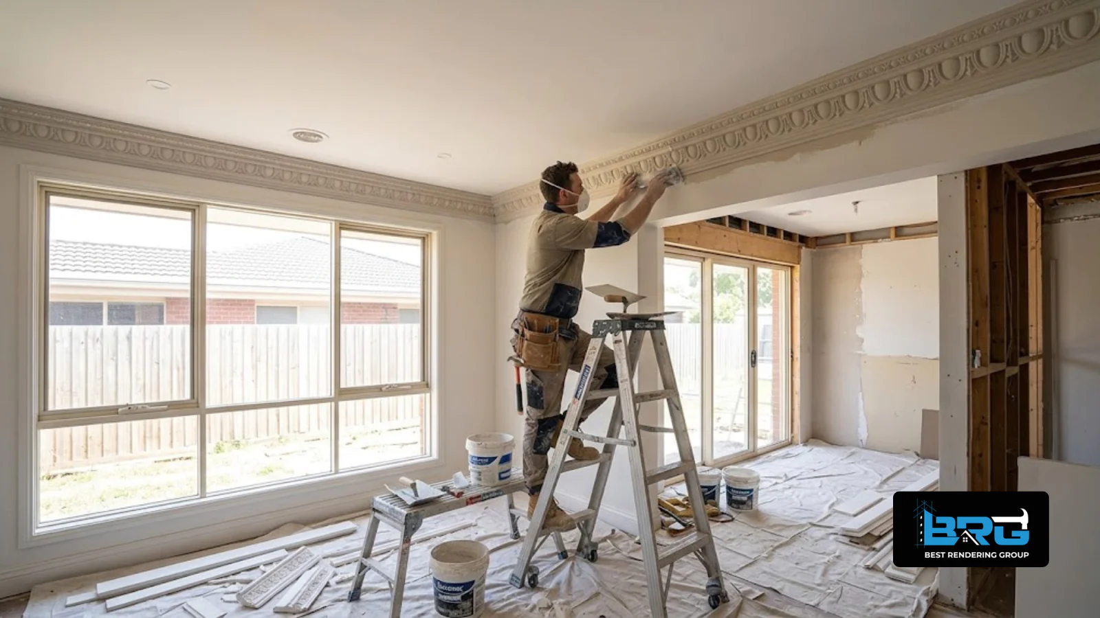 A tradesperson installing decorative cornice moulding along a living room ceiling during a home renovation in Keysborough, Melbourne, spacious interior with natural light.