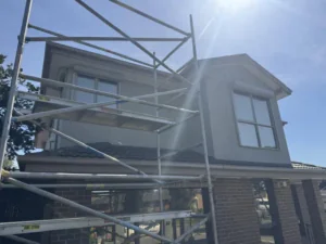 Scaffolding on the gable end during the crack repair, Endeavour Hills project