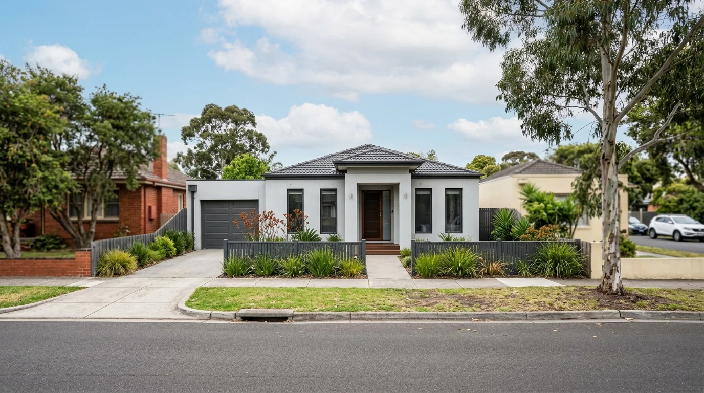 Newly rendered single-storey home facade in a Melbourne suburban street