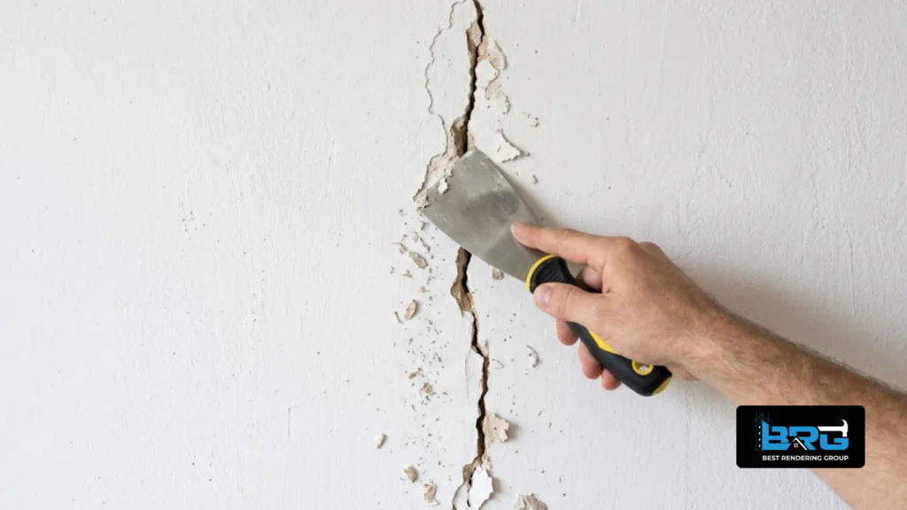 Tradesperson inspecting a recracked render patch on an exterior wall in Melbourne