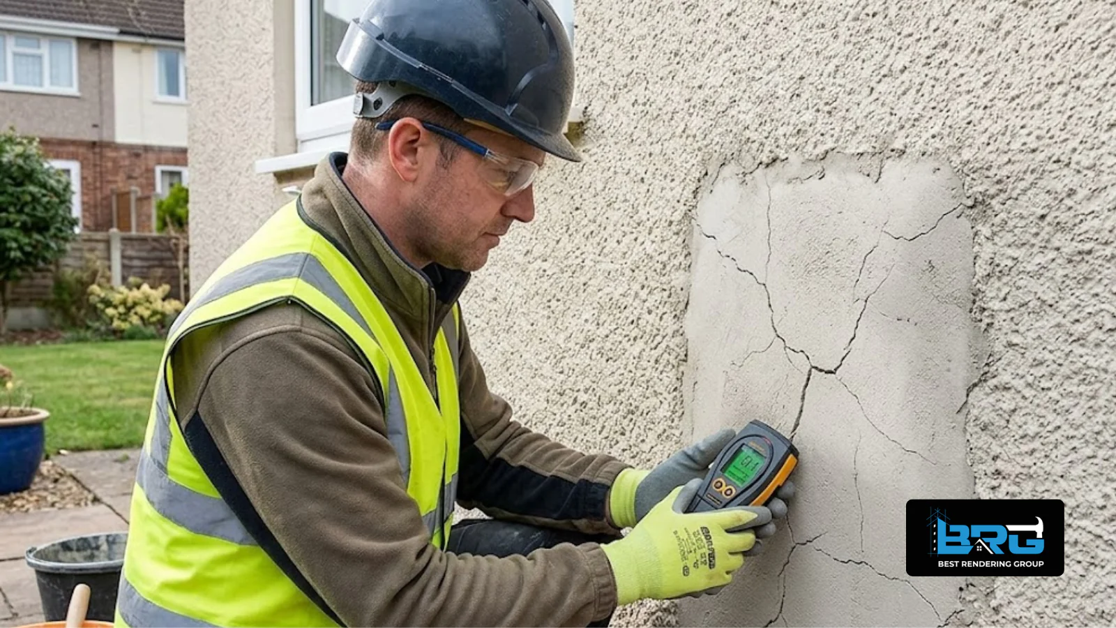 Tradesperson using a moisture meter to test a wall section around a recracked render repair before starting a proper fix