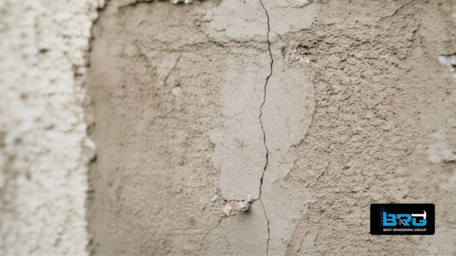 Close-up of a hairline crack splitting through an old render patch repair where new and original render meet